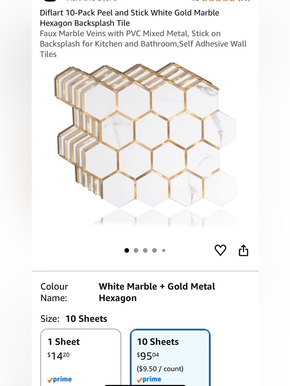 White Marble & Gold Hexagon Peel-and-Stick Wall Tiles - Modern Backsplash